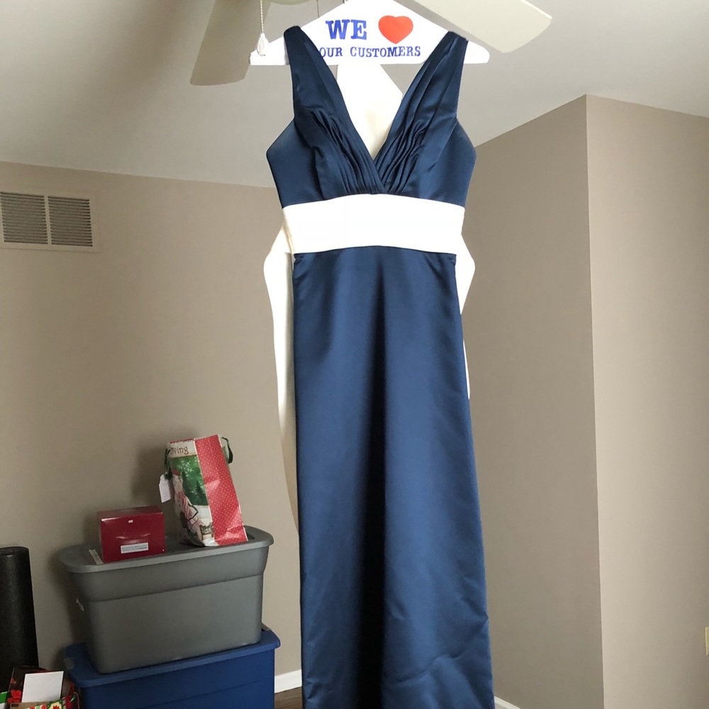 Long formal dress - navy blue with cream sash